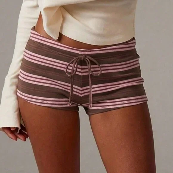 Brown Casual Women's Tie Waist Striped Skinny Shorts Vacation